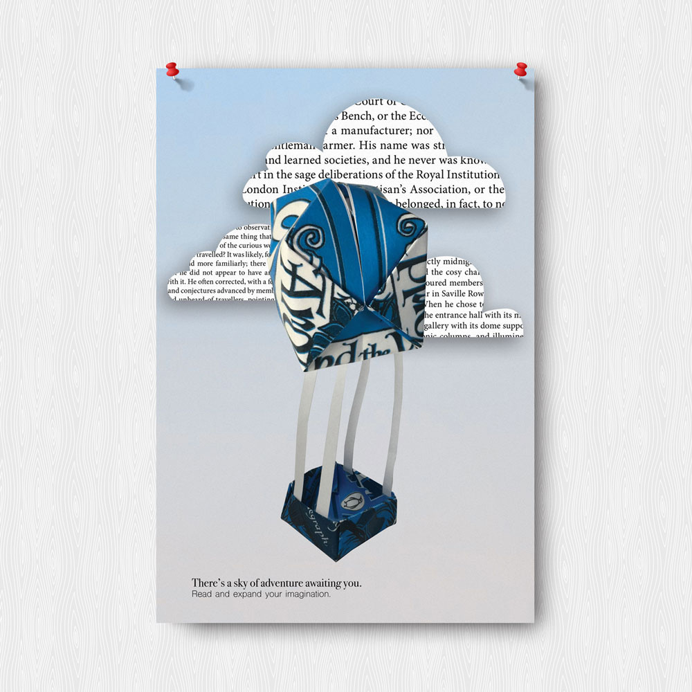 Waves created out of words and an origami boat.