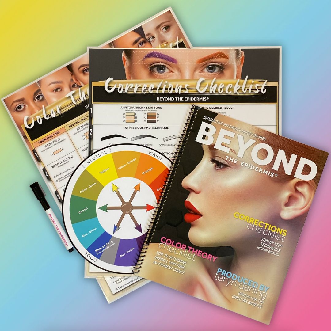 The Beyond the Epidermis® Reference Guide, Checklists, PMU Color Wheel, and Erase Marker.