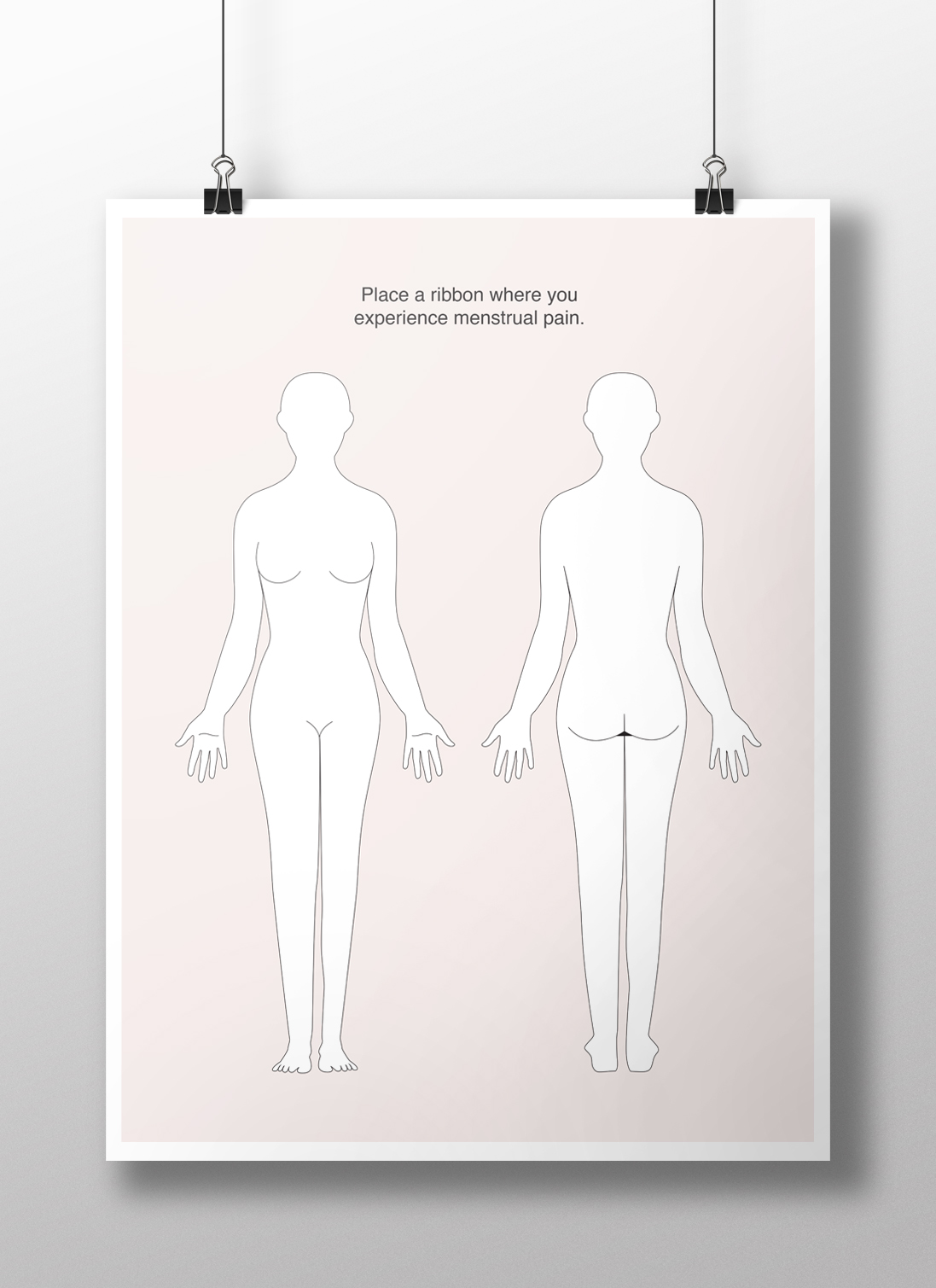 A picture of a woman, front and back, with the words 'Place a ribbon where you experience menstrual pain.'