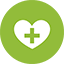 Green circle with white heart inside. Plus sign is green on top of heart.