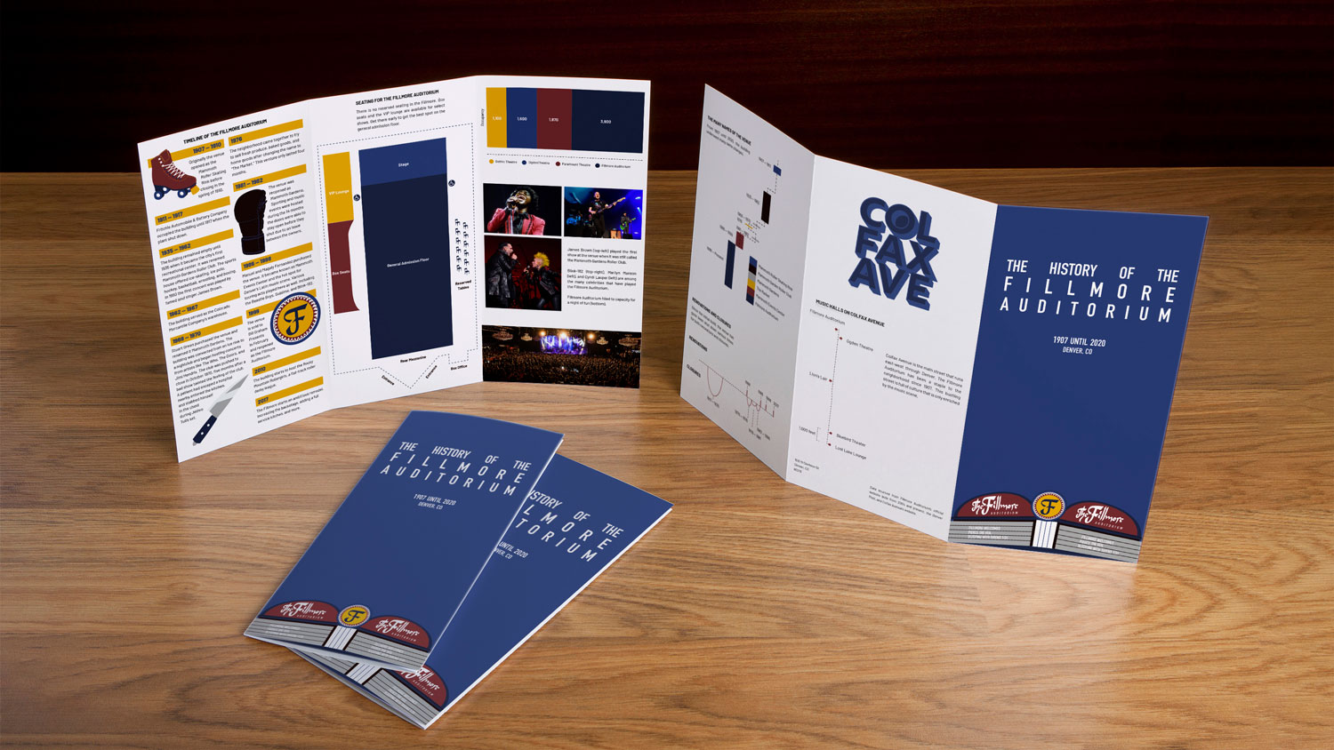 Fillmore Map pamphlet, two are standing to show the front and back, and two are laying down with just the cover on display.
