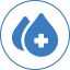 Blue circle with blue raindrops inside. Plus sign is white on top of drops.