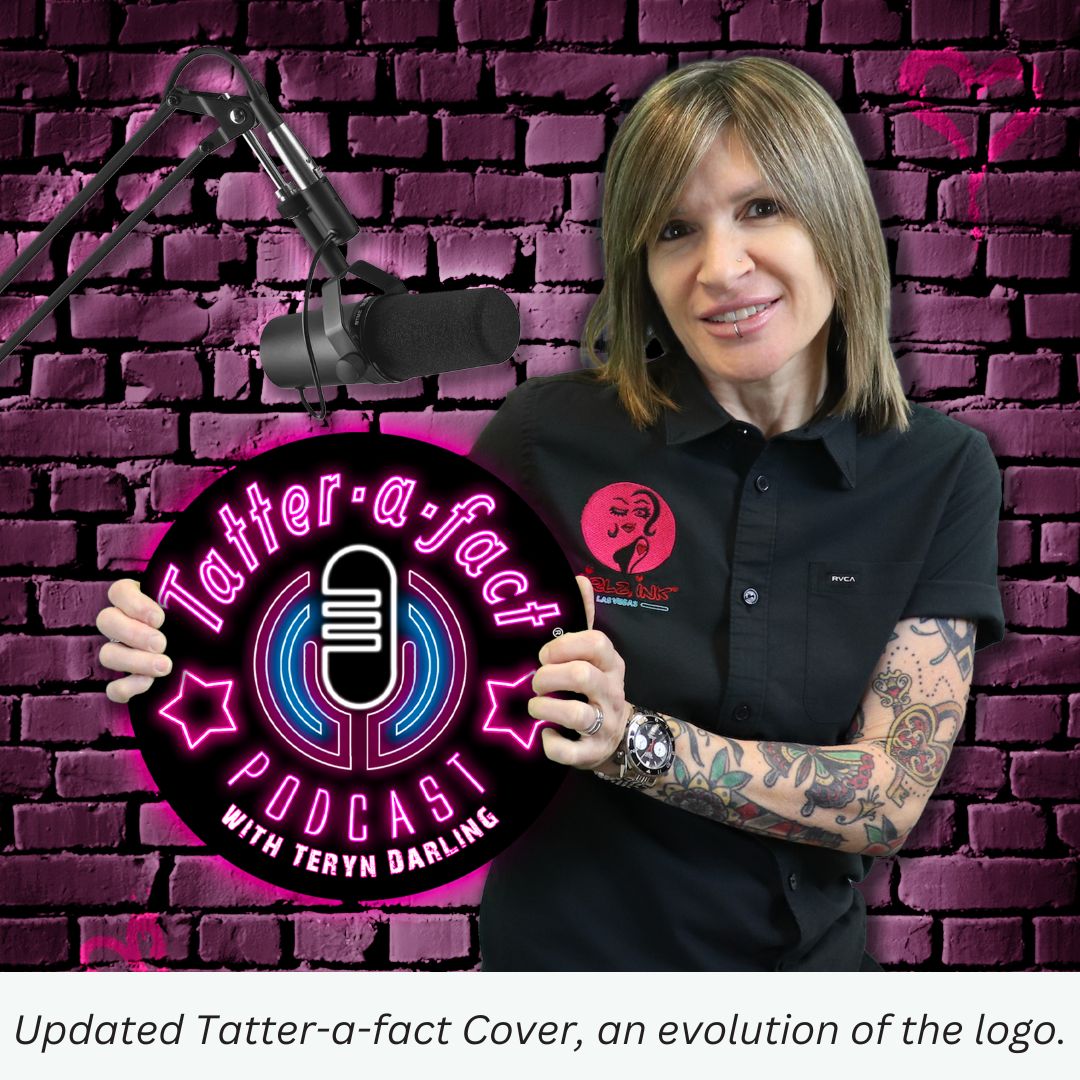 Updated Tatter-a-fact PMU Podcast cover with the podcast host on the front holding the logo with more saturated colors.