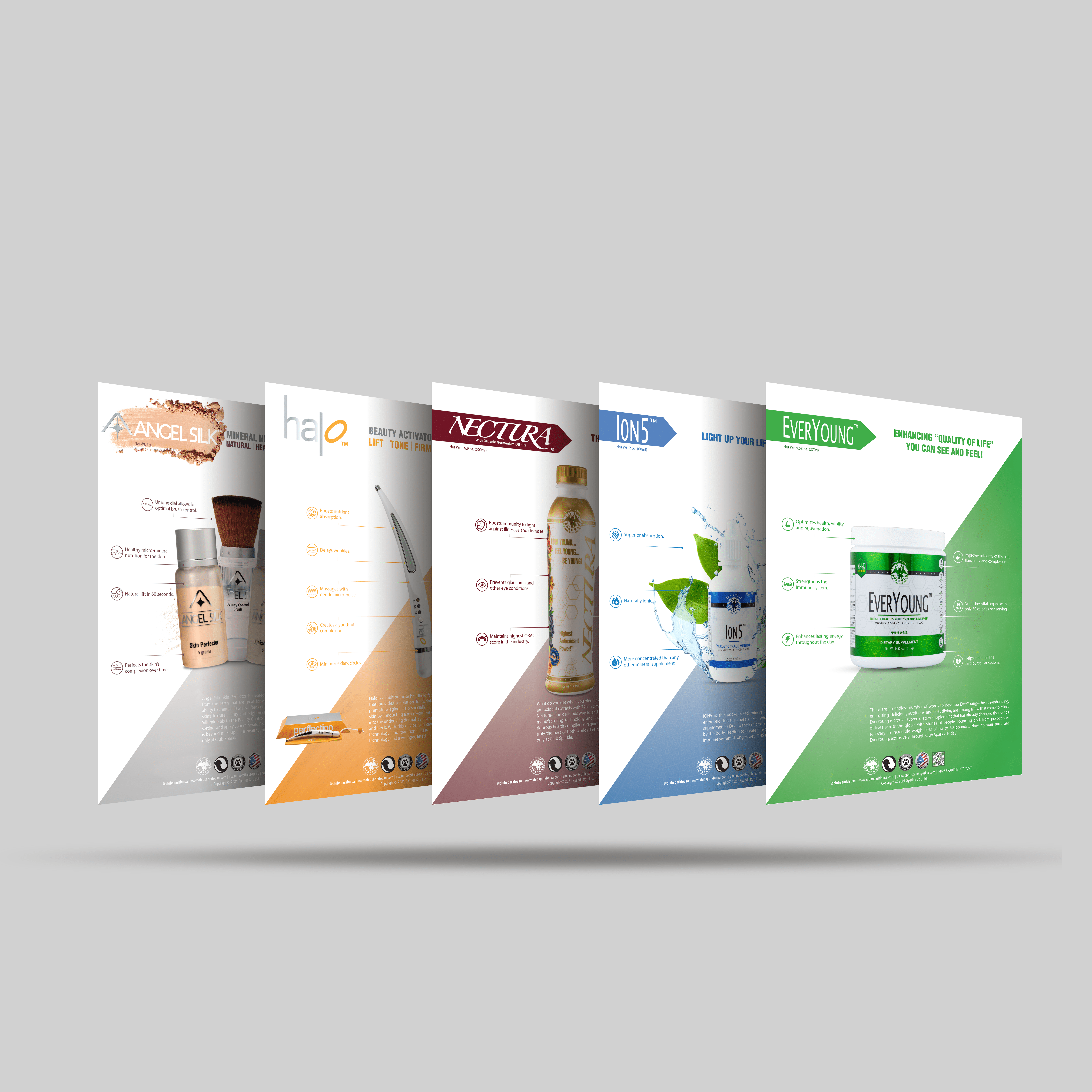 6 flyers floating on gray background.