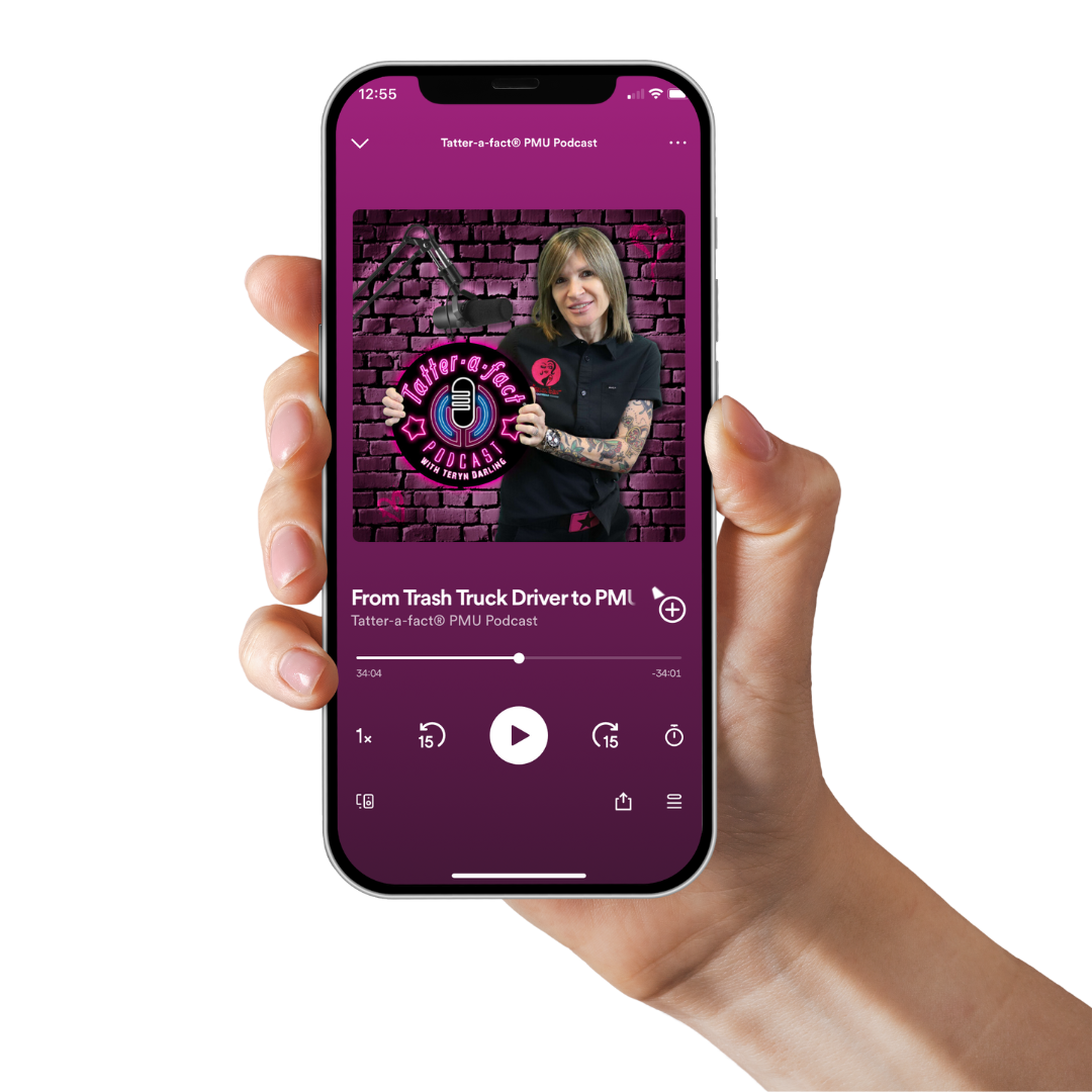 The updated Tatter-a-fact PMU Podcast cover on an iPhone held in a hand playing on Spotify.